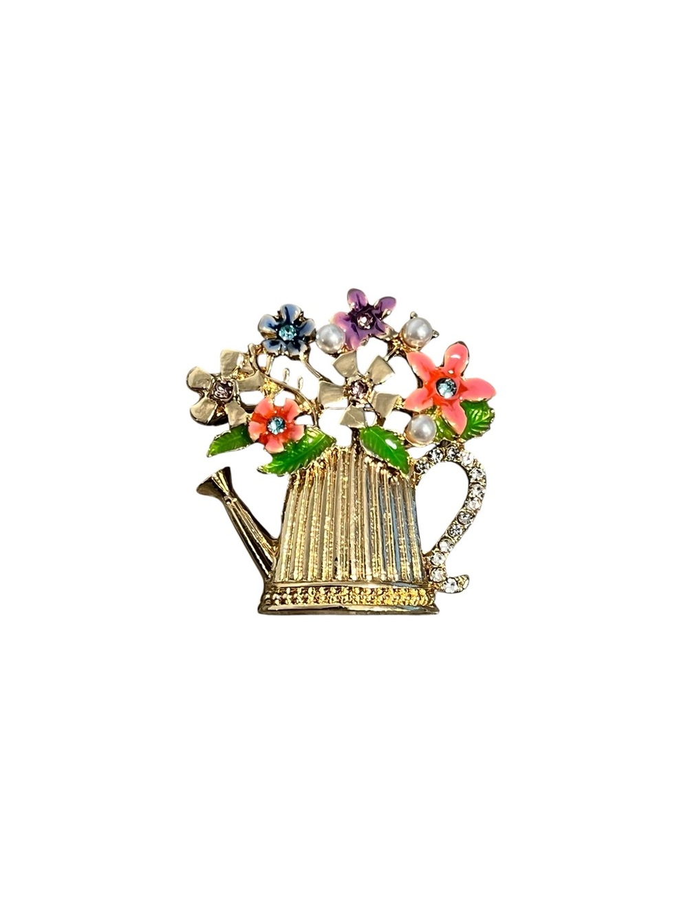 Watering Can Floral Brooch – Gold Tone, Enamel Blooms & Rhinestones